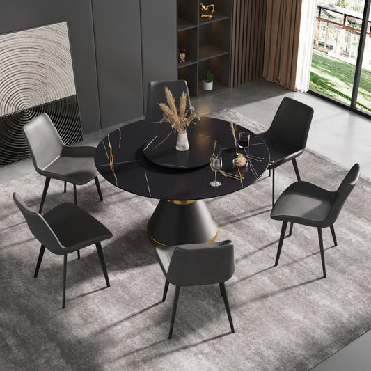 Marbella Sintered Stone Dining Table | 53" Matte Black Round With Metal Base & Lazy Susan
