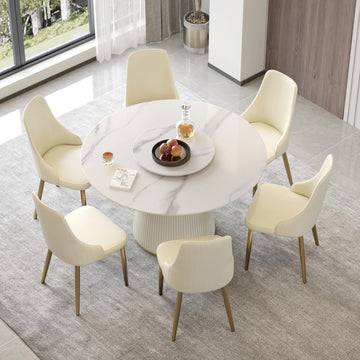 Marbella Sintered Stone Dining Table | 53" White Gloss Round With Lazy Susan Turntable