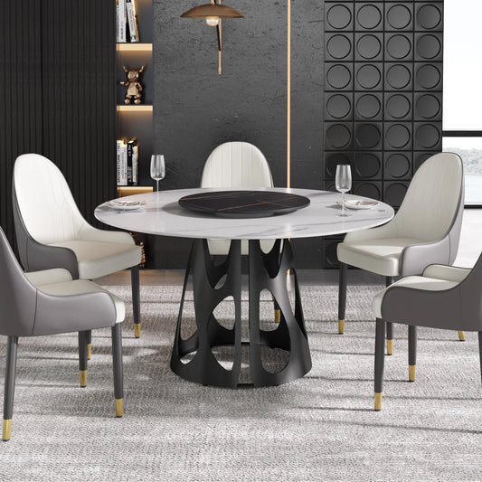 Marbella Sintered Stone Dining Table | 53" White Gloss Round With Lazy Susan Turntable