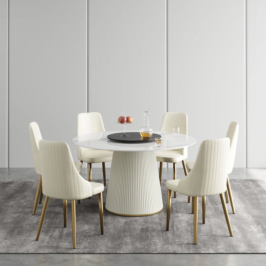 Marbella Sintered Stone Dining Table | 53" White Gloss Round With Lazy Susan Turntable