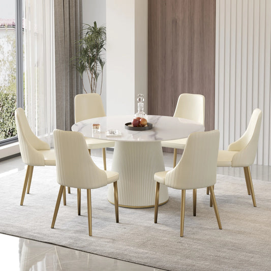 Marbella Sintered Stone Dining Table | 53" White Gloss Round With Leather-Covered Base