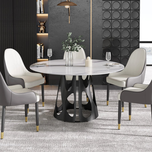 Marbella Sintered Stone Dining Table | 53" White Gloss Round With Metal Base