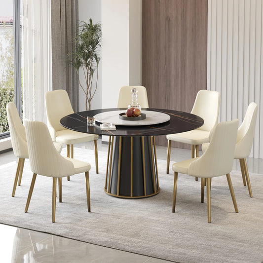 Marbella Sintered Stone Dining Table | 59" Matte Black Round With Lazy Susan Turntable