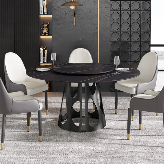 Marbella Sintered Stone Dining Table | 59" Matte Black Round With Lazy Susan Turntable