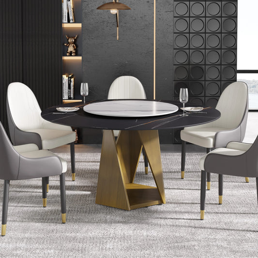 Marbella Sintered Stone Dining Table | 59" Matte Black Round With Lazy Susan Turntable
