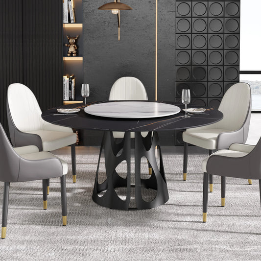 Marbella Sintered Stone Dining Table | 59" Matte Black Round With Lazy Susan Turntable