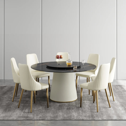 Marbella Sintered Stone Dining Table | 59" Matte Black Round With Lazy Susan Turntable