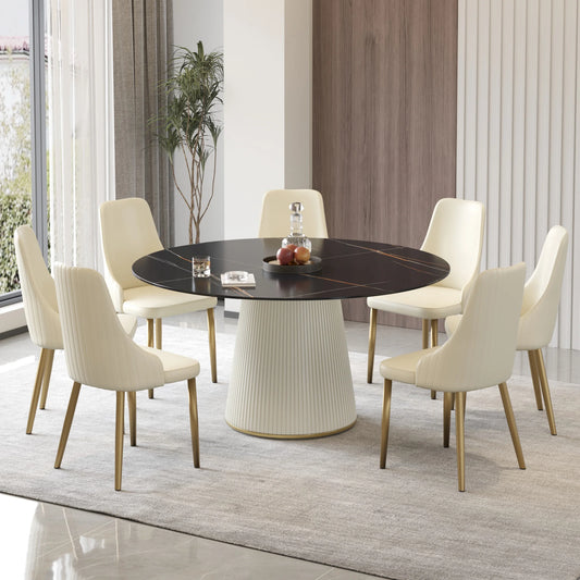 Marbella Sintered Stone Dining Table | 59" Matte Black Round With Leather-Covered Base