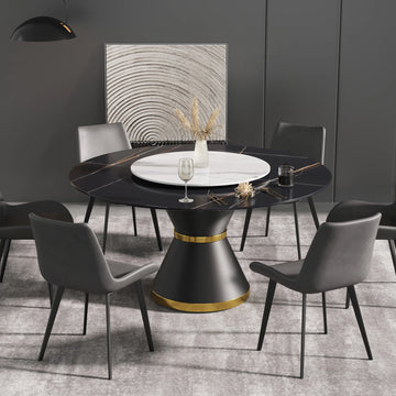 Mesa de comedor Marbella de piedra sinterizada | Redonda de 150 cm (59") en negro mate con base de metal y bandeja giratoria