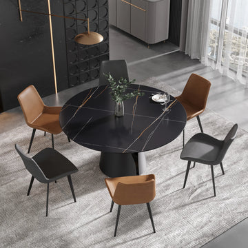 Mesa de comedor Marbella de piedra sinterizada | Redonda de 150 cm (59") en negro mate con base metálica