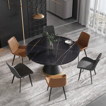 Mesa de comedor Marbella de piedra sinterizada | Redonda de 150 cm (59") en negro mate con base metálica