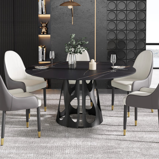 Marbella Sintered Stone Dining Table | 59" Matte Black Round With Metal Base