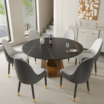 Mesa de comedor Marbella de piedra sinterizada | Redonda de 150 cm (59") en negro mate con base metálica