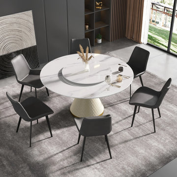 Mesa de comedor Marbella de piedra sinterizada | Redonda de 150 cm (59") en blanco brillante con plato giratorio Lazy Susan
