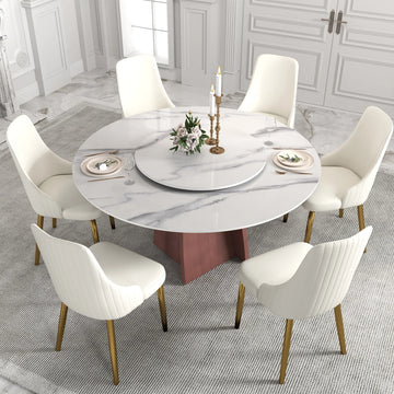 Mesa de comedor Marbella de piedra sinterizada | Redonda de 150 cm (59") en blanco brillante con plato giratorio Lazy Susan