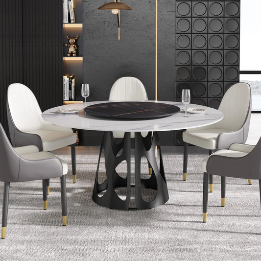 Marbella Sintered Stone Dining Table | 59" White Gloss Round With Lazy Susan Turntable
