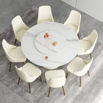 Marbella Sintered Stone Dining Table | 59" White Gloss Round With Lazy Susan Turntable