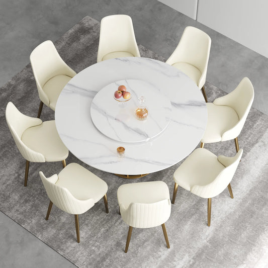 Marbella Sintered Stone Dining Table | 59" White Gloss Round With Lazy Susan Turntable