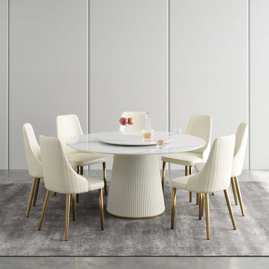 Marbella Sintered Stone Dining Table | 59" White Gloss Round With Lazy Susan Turntable