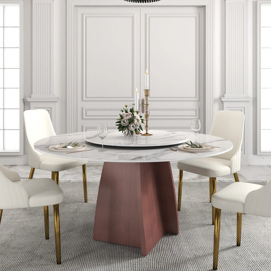 Marbella Sintered Stone Dining Table | 59" White Gloss Round With Lazy Susan Turntable