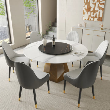 Mesa de comedor Marbella de piedra sinterizada | Redonda de 150 cm (59") en blanco brillante con plato giratorio Lazy Susan