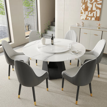 Mesa de comedor Marbella de piedra sinterizada | Redonda de 150 cm (59") en blanco brillante con plato giratorio Lazy Susan