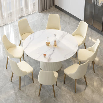 Mesa de comedor Marbella de piedra sinterizada | Redonda de 150 cm (59 pulgadas) en blanco brillante con base revestida de cuero