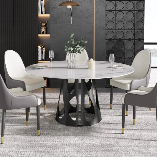 Marbella Sintered Stone Dining Table | 59" White Gloss Round With Metal Base