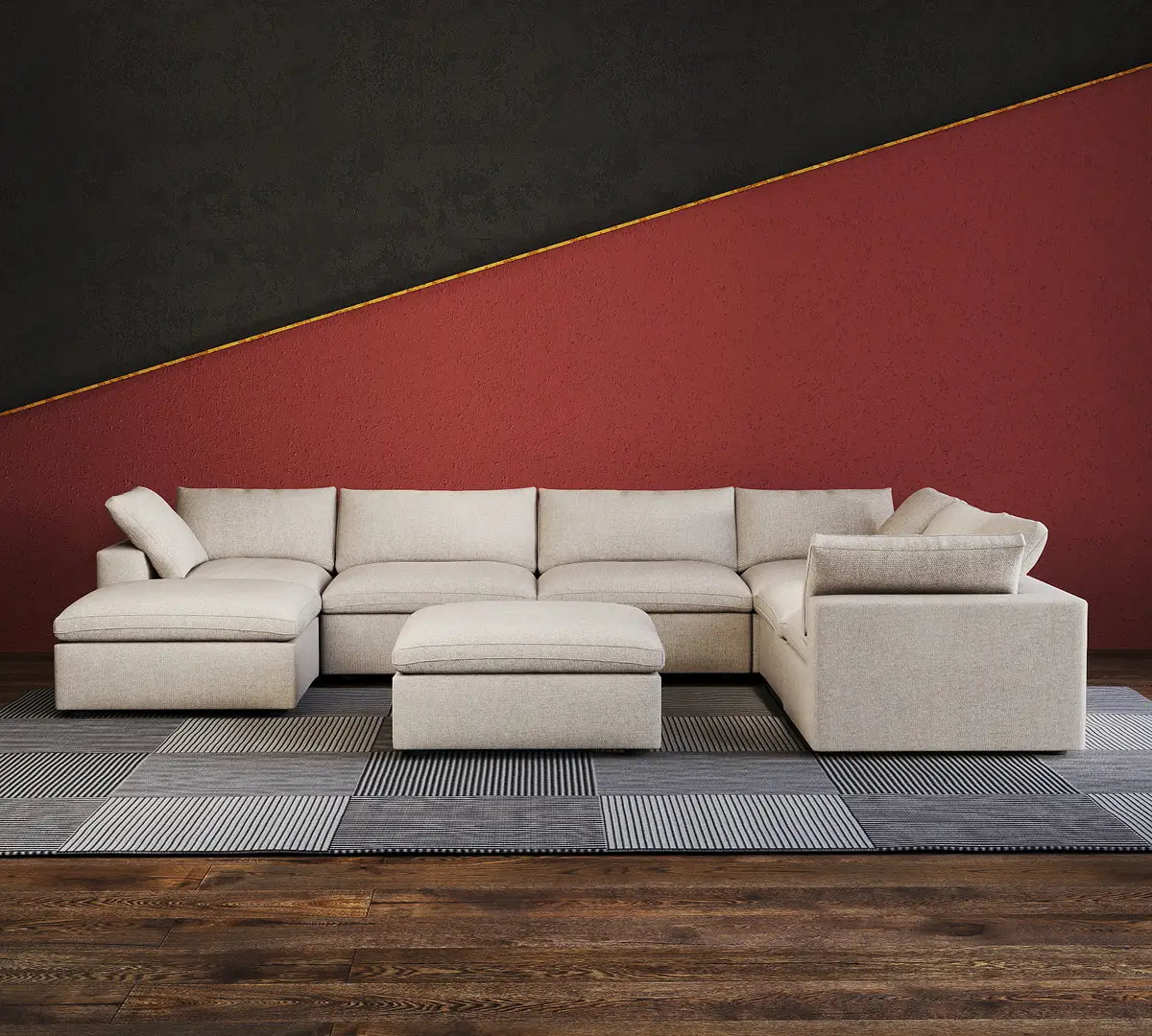 Deluxe Premium Cloud Sectional Sofas | 6-Piece Khaki Cotton and Linen Sofa Sets 5-seaters