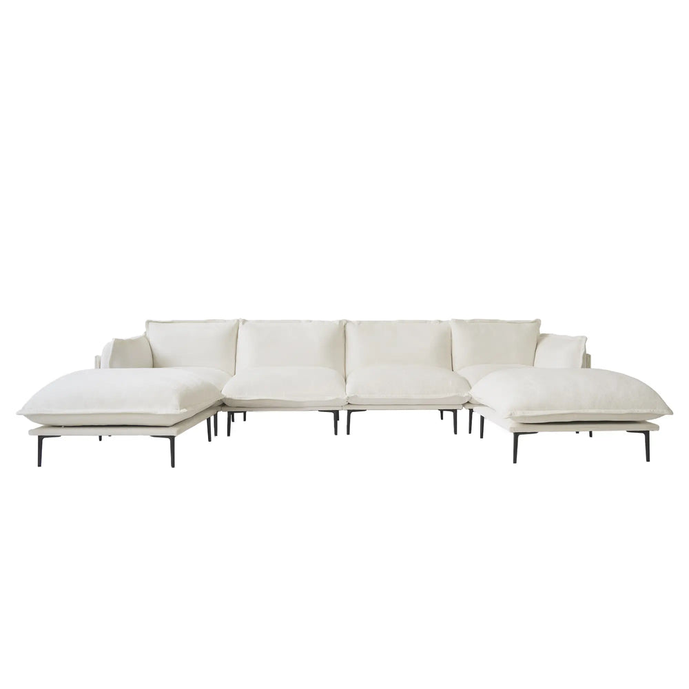 Deluxe Urban Cloud Sectional Sofas | 6-Piece Velvet Beige U-Shaped Sectionals 4-Seater With 2 Ottomans