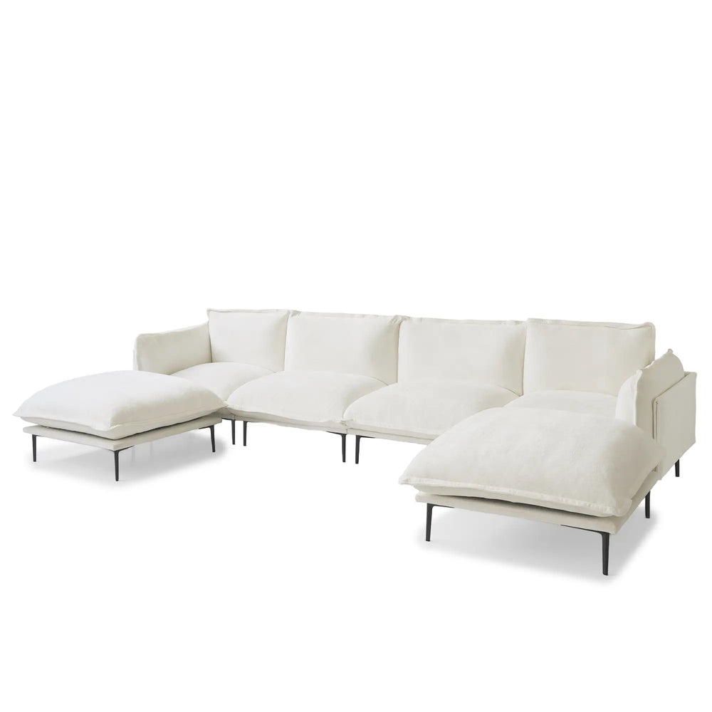 Deluxe Urban Cloud Sectional Sofas | 6-Piece Velvet Beige U-Shaped Sectionals 4-Seater With 2 Ottomans
