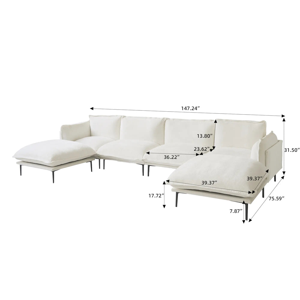 Deluxe Urban Cloud Sectional Sofas | 6-Piece Velvet Beige U-Shaped Sectionals 4-Seater With 2 Ottomans