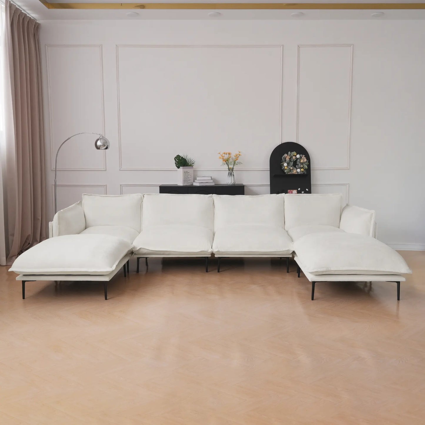 Deluxe Urban Cloud Sectional Sofas | 6-Piece Velvet Beige U-Shaped Sectionals 4-Seater With 2 Ottomans