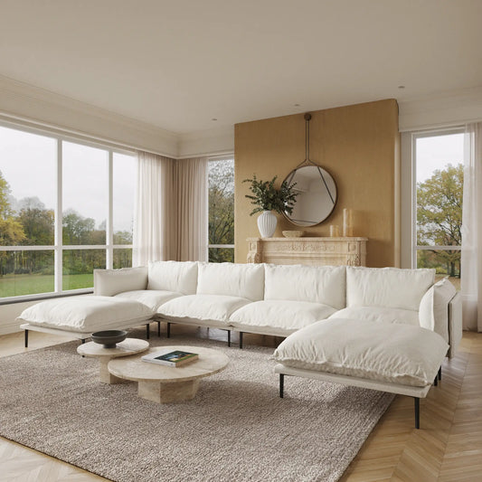 Deluxe Urban Cloud Sectional Sofas | 6-Piece Velvet Beige U-Shaped Sectionals 4-Seater With 2 Ottomans
