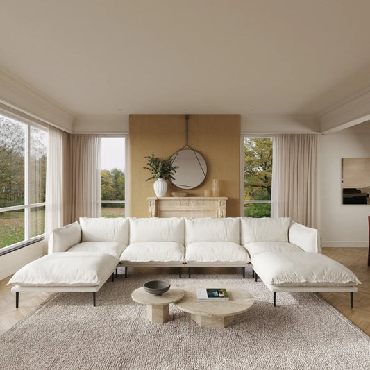 Deluxe Urban Cloud Sectional Sofas | 6-Piece Velvet Beige U-Shaped Sectionals 4-Seater With 2 Ottomans
