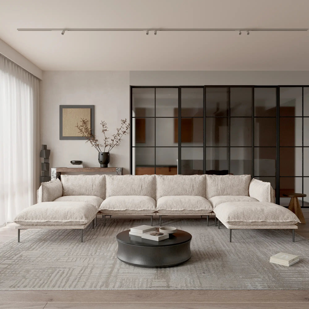 Deluxe Urban Cloud Sectional Sofas | 6-Piece Velvet Brown U-Shaped Sectionals 4-Seater With 2 Ottomans