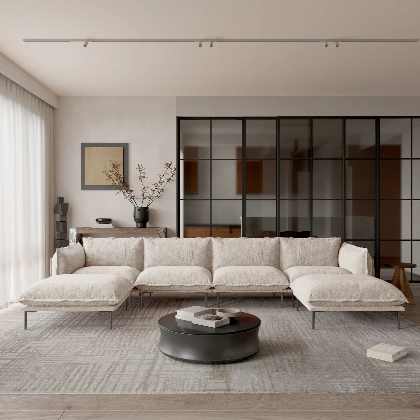 Deluxe Urban Cloud Sectional Sofas | 6-Piece Velvet Brown U-Shaped Sectionals 4-Seater With 2 Ottomans