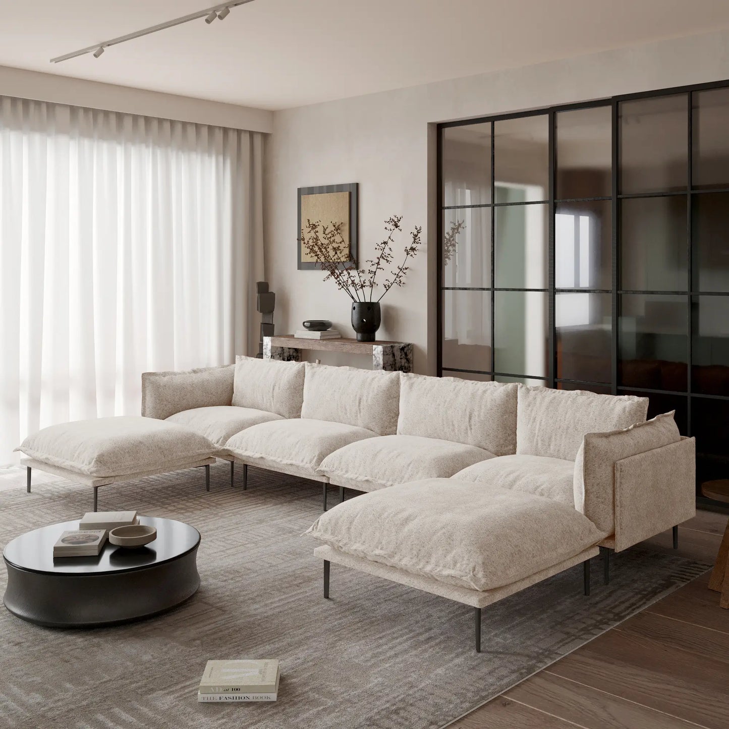 Deluxe Urban Cloud Sectional Sofas | 6-Piece Velvet Brown U-Shaped Sectionals 4-Seater With 2 Ottomans