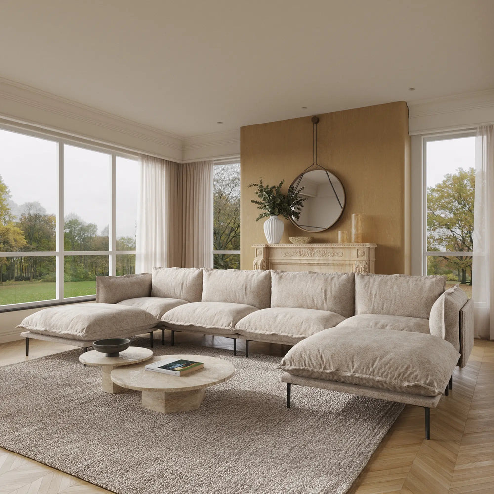 Deluxe Urban Cloud Sectional Sofas | 6-Piece Velvet Brown U-Shaped Sectionals 4-Seater With 2 Ottomans