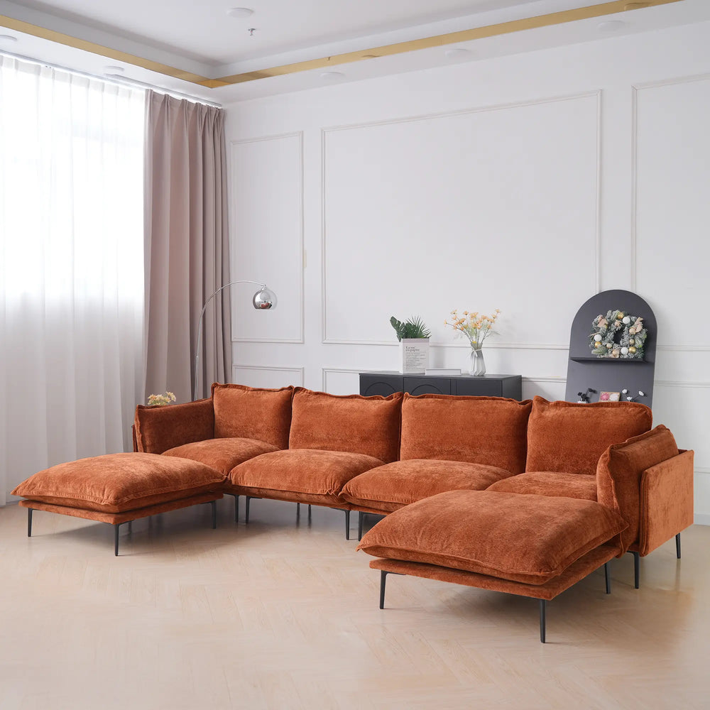 Deluxe Urban Cloud Sectional Sofas | 6-Piece Velvet Orange U-Shaped Sectionals 4-Seater With 2 Ottomans