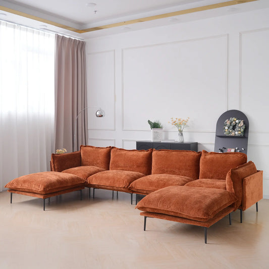 Deluxe Urban Cloud Sectional Sofas | 6-Piece Velvet Orange U-Shaped Sectionals 4-Seater With 2 Ottomans