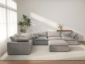 Deluxe Cloud 5-Seater Light Grey Large Space Sofa Set | 6-Piece (Includes 1 Ottoman), Cotton And Linen Fabric, Easy To Clean