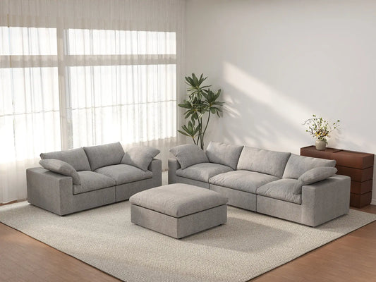 Deluxe Cloud 5-Seater Light Grey Large Space Sofa Set | 6-Piece (Includes 1 Ottoman), Cotton And Linen Fabric, Easy To Clean