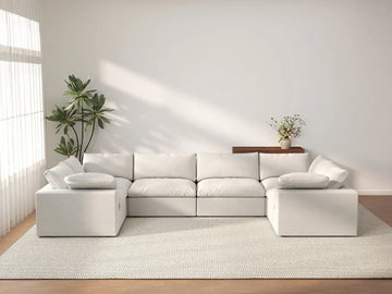 Deluxe Cloud 6-Seater White U-Shaped Sectional | 6-Piece, Cotton And Linen Fabric, Washable Cushion Covers