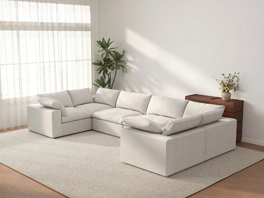 Deluxe Cloud 6-Seater White U-Shaped Sectional | 6-Piece, Cotton And Linen Fabric, Washable Cushion Covers