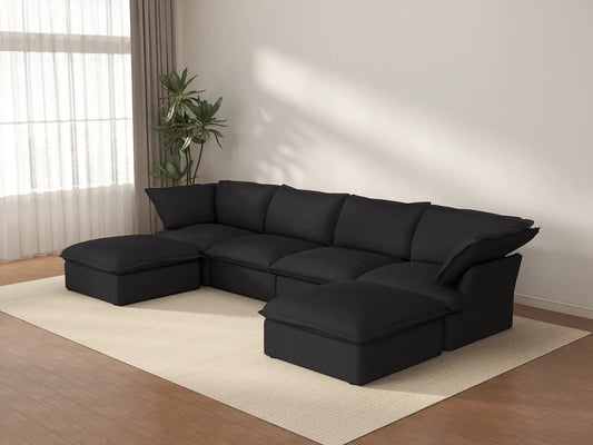 Deluxe Cloud 4-Seater Black Storage U-Shaped Sectional | 6-Piece (includes 2 Ottomans), Linen and Cotton Fabric, Washable Covers