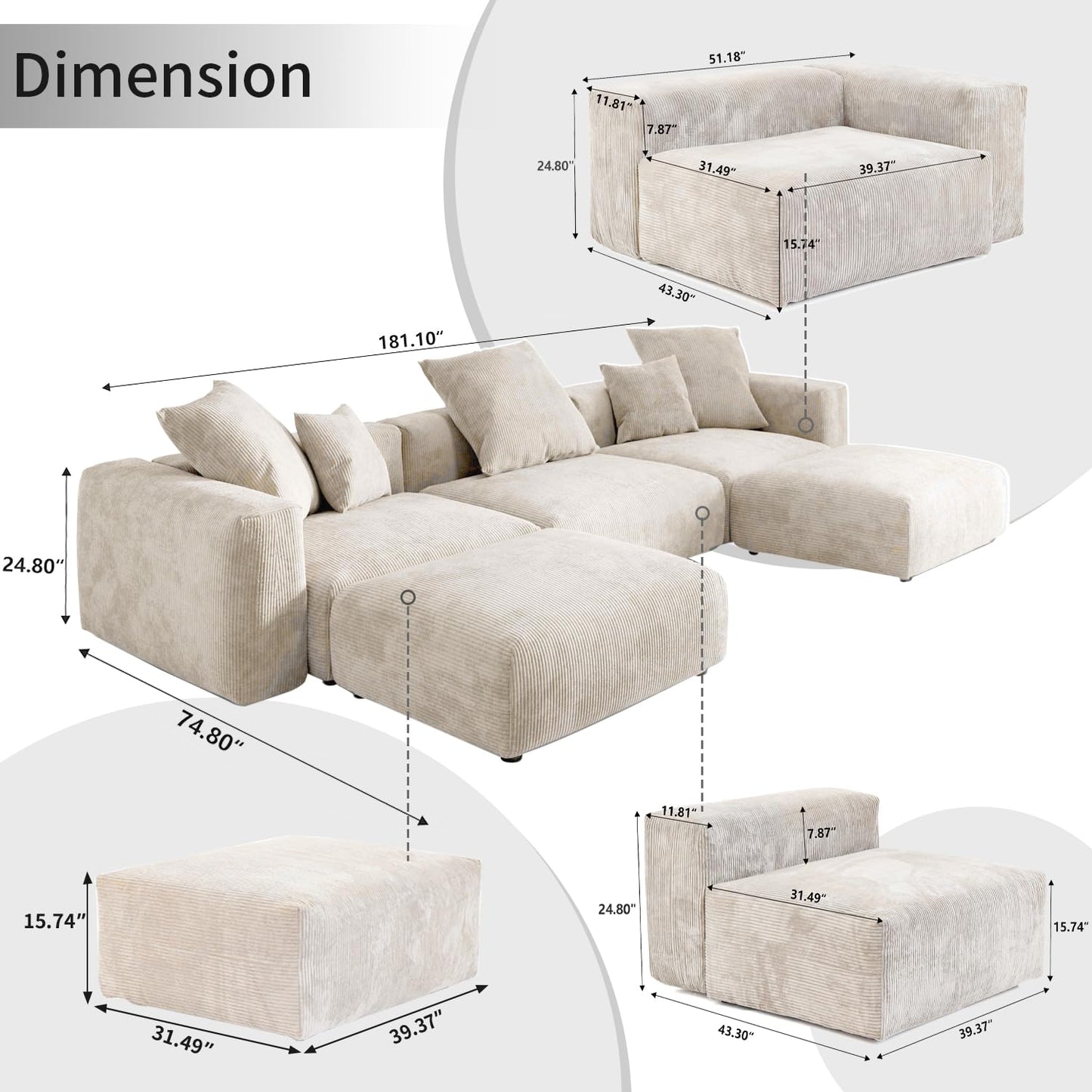 Modular Sectional Couch Sofa with 4 Pillows, 102" L Shaped Sofa Couch with Chaise Ottomans,Corduroy Fabric Couches (Beige)