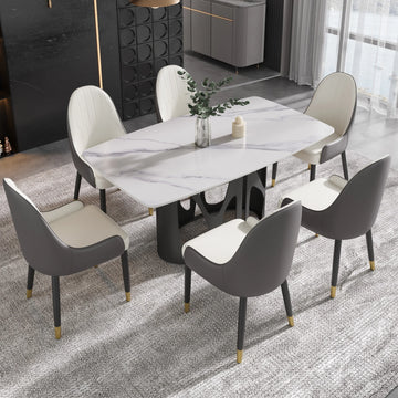 Mesa de comedor Marbella de piedra sinterizada | Rectangular, blanca brillante, de 160 cm (63") con borde curvo