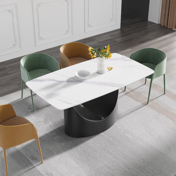 Mesa de comedor Marbella de piedra sinterizada | Rectangular, blanca brillante, de 160 cm (63") con borde curvo