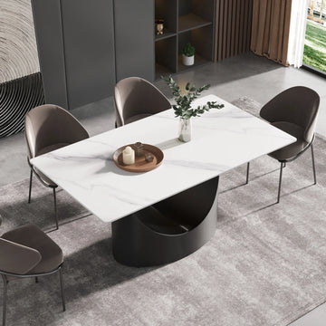 Mesa de comedor Marbella de piedra sinterizada | Rectangular, blanca brillante, de 160 cm (63") con borde recto